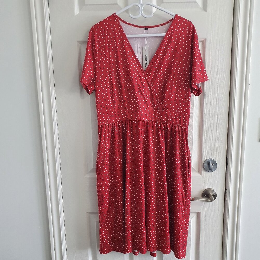 Red Polka Dot Dress Size XL With Pockets Short Sleeve V-neck Midi